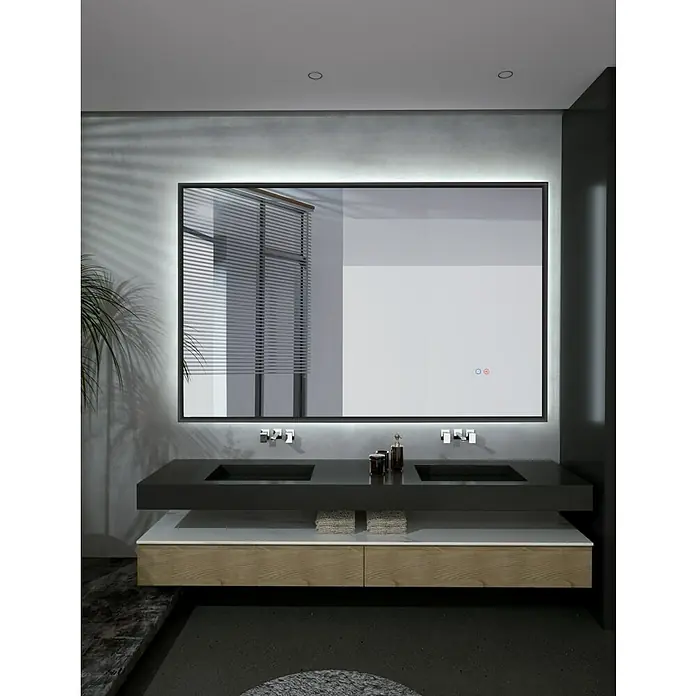 LedImex Espejo con luz California - 120 x 80 cm, Sensor, Función antivaho, Negro - Un baño moderno con lavabo doble, espejo iluminado y mueble de madera. Diseño elegante para tu baño.