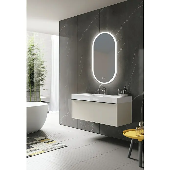 LedImex Espejo con luz Canadá - 90 x 50 cm, Sensor, Función antivaho - Baño moderno con espejo iluminado y tocador beige. Diseño elegante para tu hogar.