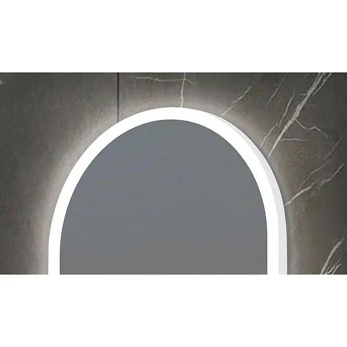 LedImex Espejo con luz Canadá - 90 x 50 cm, Sensor, Función antivaho - Primer plano de un espejo redondo iluminado con LED en una pared de mármol gris, que muestra un diseño de baño moderno y elegante.