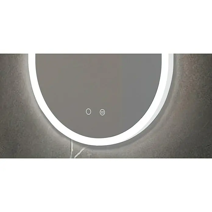 LedImex Espejo con luz Canadá - 90 x 50 cm, Sensor, Función antivaho - Primer plano de un espejo de baño LED redondo con botones táctiles para control de luz y antivaho sobre una pared gris.