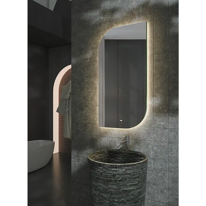 LedImex Espejo con luz Cardiff - 110 x 50 cm, Sensor de movimiento, Función antivaho - Elegante baño con espejo iluminado de bordes redondeados sobre un lavabo redondo con aspecto de piedra.