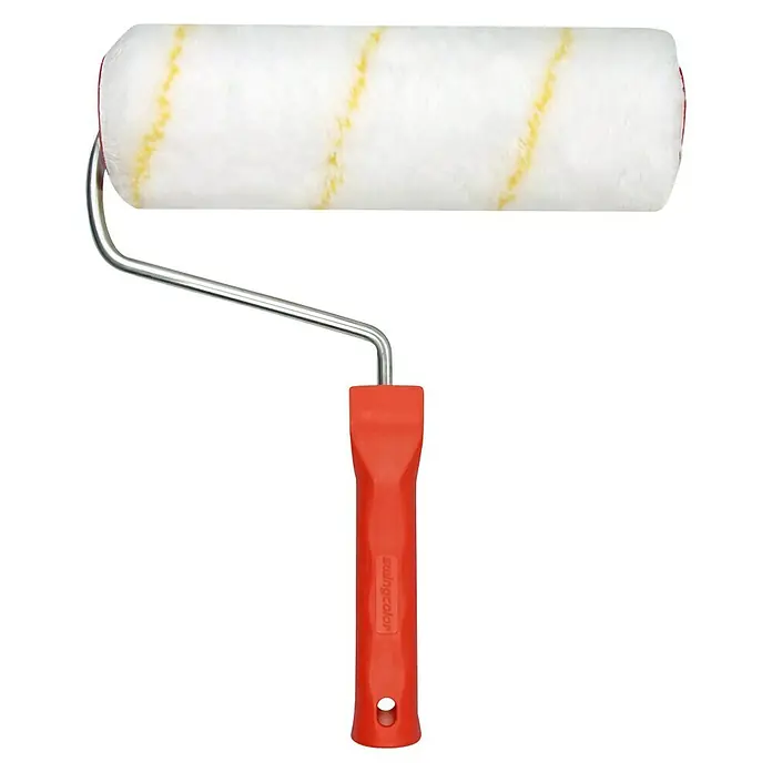 swingcolor Premium Farbroller - Breite Walze: 25 cm, Bügelstärke: 8 mm, Bügellänge: 25 cm - Abbildung einer Farbwalze mit weißem Bezug und gelben Streifen, mit rotem Griff und silberfarbenem Metallbügel.
