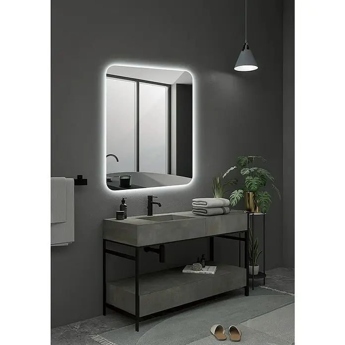 LedImex Espejo con luz Dinamarca - 80 x 80 cm - Interior de baño moderno con espejo iluminado, tocador y plantas.