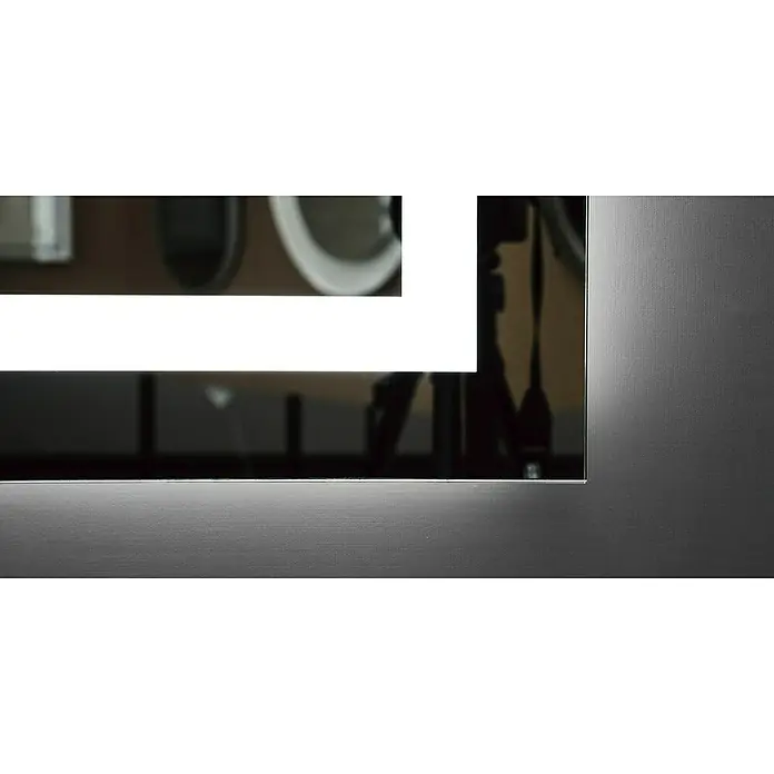 LedImex Espejo con luz Francia - 90 x 80 cm - Primer plano de un espejo elegante con iluminación integrada y un marco oscuro moderno.