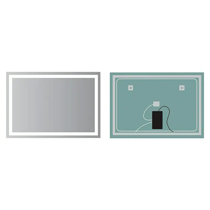 LedImex Espejo con luz Francia - 90 x 80 cm - Esta imagen muestra un espejo de baño rectangular retroiluminado por LED, con una vista de los componentes electrónicos en la parte posterior.