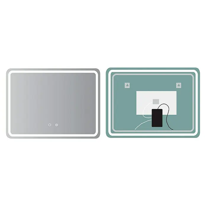 LedImex Espejo con luz Grecia - 60 x 80 cm - La imagen muestra un espejo de baño iluminado y elegante, con un diseño minimalista y un marco LED moderno. También se puede ver el panel posterior del espejo.