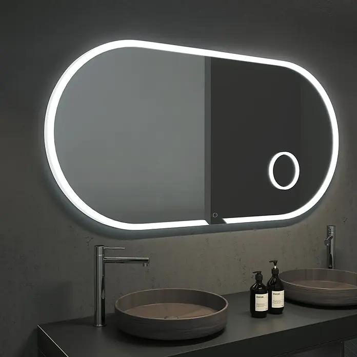 LedImex Espejo con luz Indiana - 140 x 70 cm, Sensor, Función antivaho - Espejo de baño iluminado moderno con lavabos redondos y accesorios en un baño elegante.