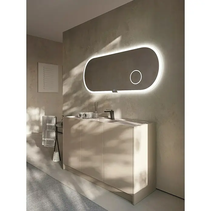 LedImex Espejo con luz Indiana - 140 x 70 cm, Sensor, Función antivaho - Elegante interior de baño con un moderno mueble de lavabo y espejo iluminado, creando un ambiente elegante y sofisticado.