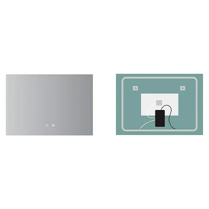 LedImex Espejo con luz Italia - 60 x 80 cm, Sensor, Función antivaho - Un espejo rectangular moderno con retroiluminación e interruptores táctiles, que presenta una caja electrónica trasera para la alimentación.