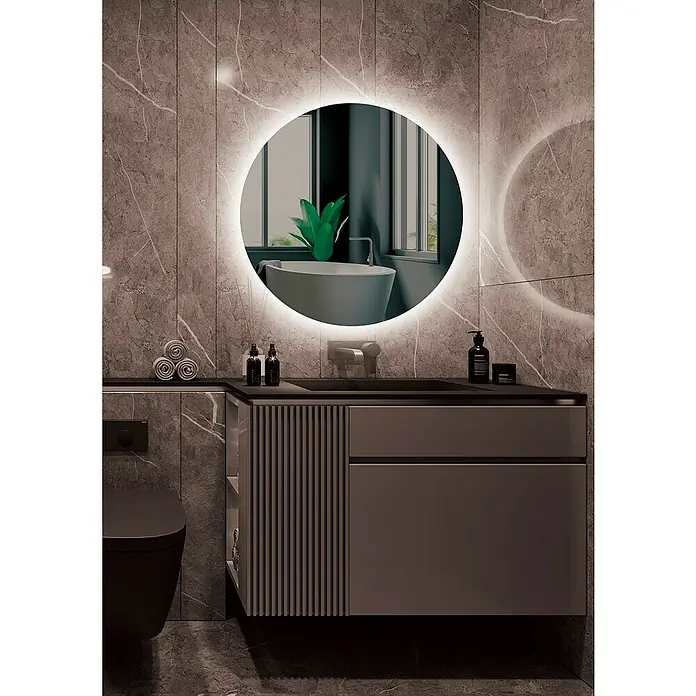 LedImex Espejo con luz Lisboa - Diámetro: 70 cm, Sensor, Función antivaho - Elegante baño con mueble de lavabo gris, espejo redondo con iluminación y azulejos de mármol.
