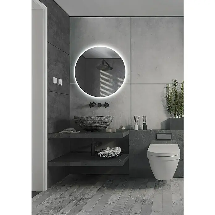 LedImex Espejo con luz Londres - Diámetro: 70 cm, Sensor, Función antivaho - Baño moderno con espejo redondo, lavabo de piedra natural e inodoro suspendido en tonos grises y blancos. Diseño elegante para tu hogar.