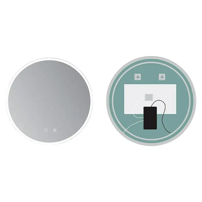 LedImex Espejo con luz Londres - Diámetro: 70 cm, Sensor, Función antivaho - Espejo redondo iluminado con LED con sensor táctil y función antivaho, perfecto para baños. La parte posterior muestra la alimentación y el cableado.