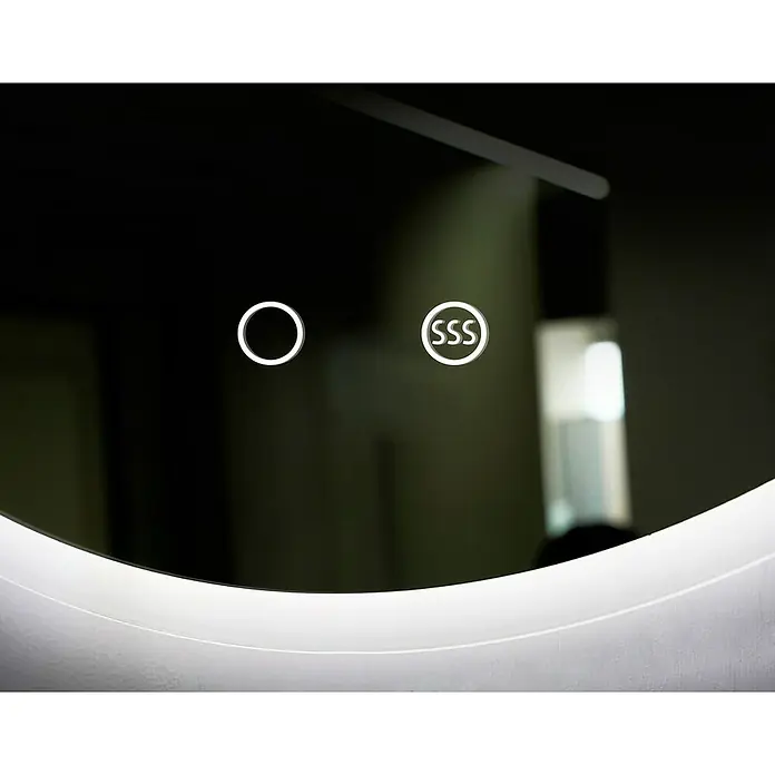 LedImex Espejo con luz Londres - Diámetro: 70 cm, Sensor, Función antivaho - Primer plano de un espejo redondo con iluminación LED y botones táctiles para luz y función antivaho.