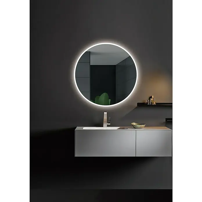 LedImex Espejo con luz Londres - Diámetro: 70 cm, Sensor, Función antivaho - Un baño moderno con un espejo LED redondo sobre un lavabo gris. Diseño elegante ideal para baños contemporáneos.