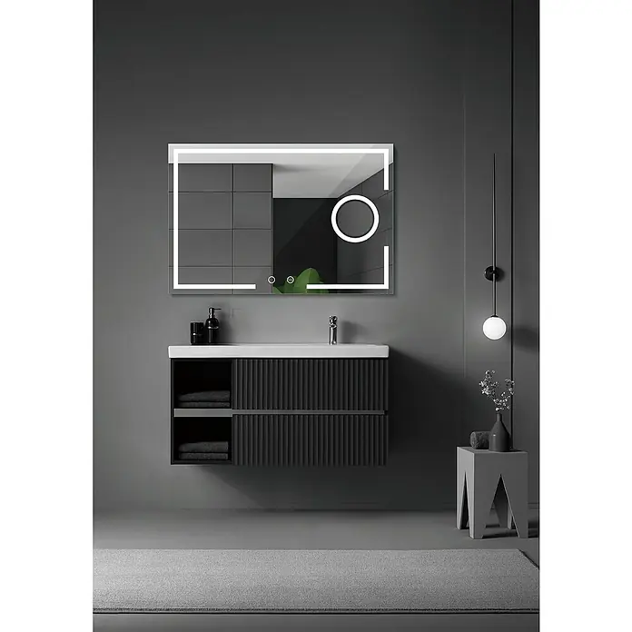 LedImex Espejo con luz Malta - 80 x 80 cm, Sensor, Función antivaho - Interior elegante de baño con un tocador moderno con lavabo y un espejo iluminado con LED sobre una pared gris.