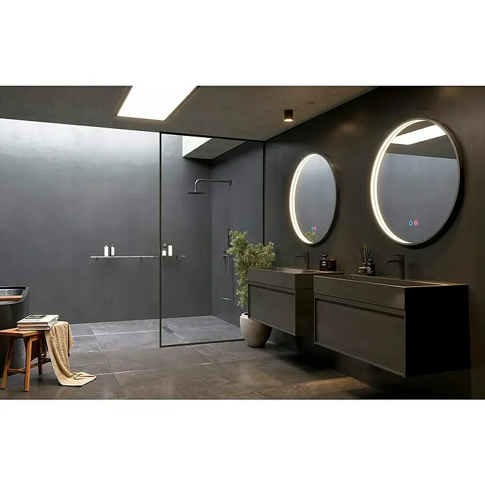 LedImex Espejo con luz Nepal - Diámetro: 70 cm, Sensor, Función antivaho - Elegante baño con mueble de doble lavabo y espejos iluminados de forma redonda, creando un ambiente moderno.