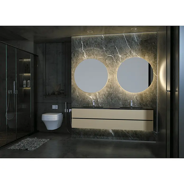 LedImex Espejo con luz Oporto - Diámetro: 70 cm, 3.000 K - Baño moderno con doble lavabo, espejos redondos e iluminación elegante, creando un ambiente sofisticado.