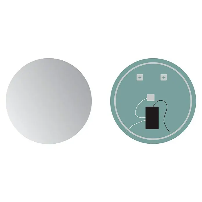 LedImex Espejo con luz Oporto - Diámetro: 70 cm, 3.000 K - Espejo inteligente. Parte trasera de un espejo inteligente redondo con componentes electrónicos. Un espejo inteligente y moderno para tu hogar.