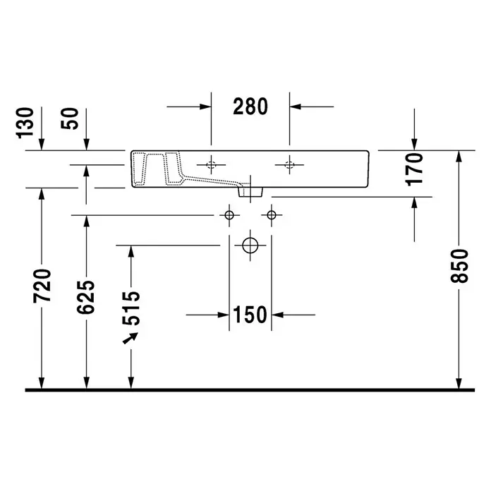 Duravit Vero Waschtisch - 85 x 49 cm, Mit schmutzabweisender Glasur, Hahnloch: Mitte, Mit Überlauf, Weiß, Ungeschliffen - Technische Zeichnung eines Waschtischs mit Maßangaben, die Details zur Installation und Abmessungen des Produkts zeigen.