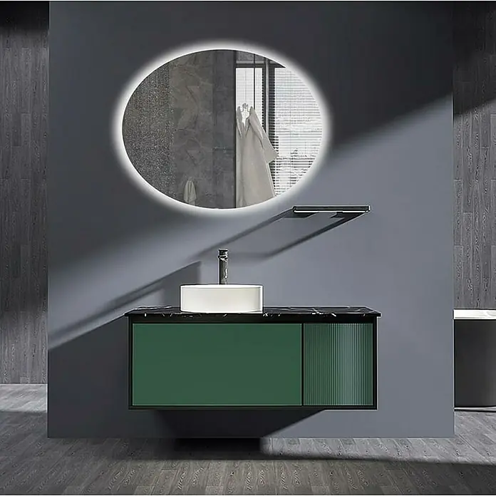 LedImex Espejo con luz Oval - 100 x 80 cm - Moderno conjunto de baño con mueble de lavabo verde, espejo redondo luminoso y encimera de mármol.