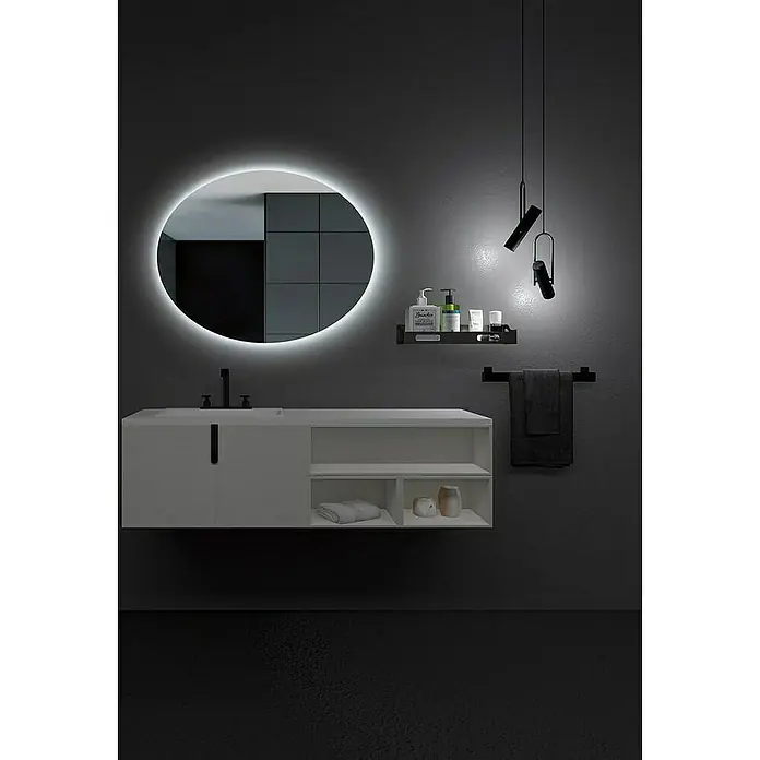 LedImex Espejo con luz Oval - 100 x 80 cm - Escena de baño con tocador blanco, espejo redondo retroiluminado e iluminación minimalista para un ambiente moderno.