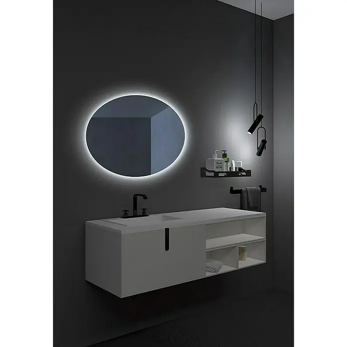 LedImex Espejo con luz Oval - 100 x 80 cm - Cuarto de baño moderno con mueble de lavabo blanco, espejo redondo retroiluminado, accesorios negros y elegantes lámparas colgantes.