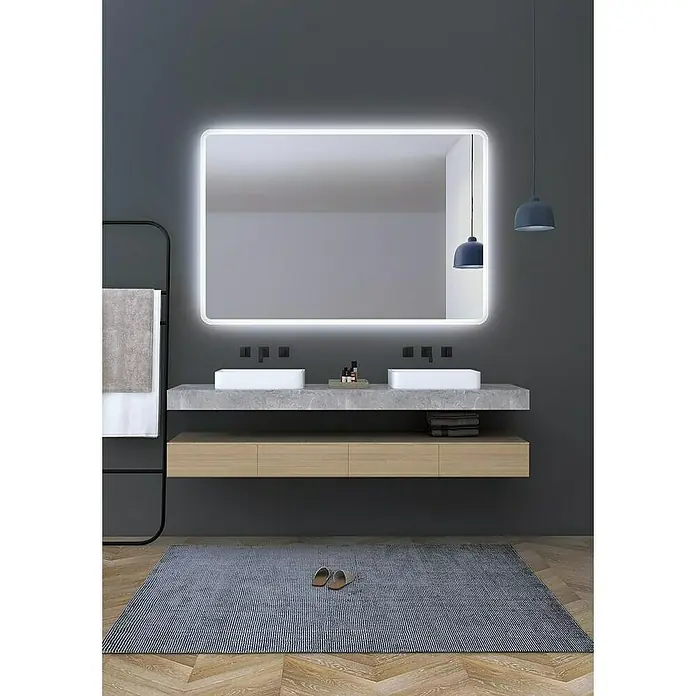 LedImex Espejo con luz Praga - 70 x 80 cm, Sensor, Función antivaho - Baño moderno con lavabo doble, espejo iluminado y tocador de madera. La iluminación suave crea un ambiente relajante.