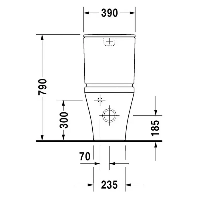 Duravit DuraStyle Stand-WC für Kombination Typ 1 - Mit Spülrand, Mit schmutzabweisender Glasur, Spülform: Tief, WC Abgang: Waagerecht, Weiß - Technische Zeichnung einer Toilette mit Maßen, die die Höhe, Breite und Tiefe des Produkts angeben.