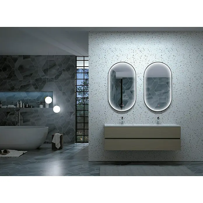 LedImex Espejo con luz Rio - 90 x 50 cm, Sensor, Función antivaho - Elegante interior de baño con un moderno tocador de doble lavabo y espejos iluminados, creando un ambiente elegante.