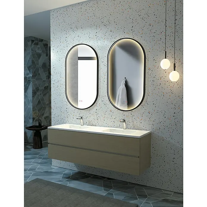 LedImex Espejo con luz Rio - 90 x 50 cm, Sensor, Función antivaho - Diseño moderno de baño con mueble de lavabo, dos espejos iluminados y decoración de pared elegante.
