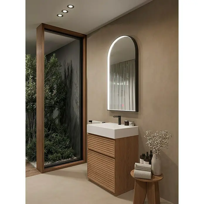 LedImex Espejo con luz Roma - 110 x 50 cm, Sensor, Función antivaho - Elegante baño con mueble de lavabo de madera, lavabo sobre encimera blanco y espejo con iluminación LED para un ambiente estiloso.