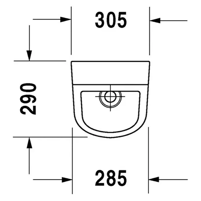 Duravit D-Code Urinal - Unbeschichtet, Zulauf: Hinten, Absaugspülung, Farbe: Weiß, Ohne Zielobjekt, Ohne Urinaldeckel - Schemazeichnung einer Wand-WC-Schüssel mit den Maßen 305 mm Breite und 290 mm Höhe. Das WC hat eine Tiefe von 285 mm und ein modernes, abgerundetes Design.