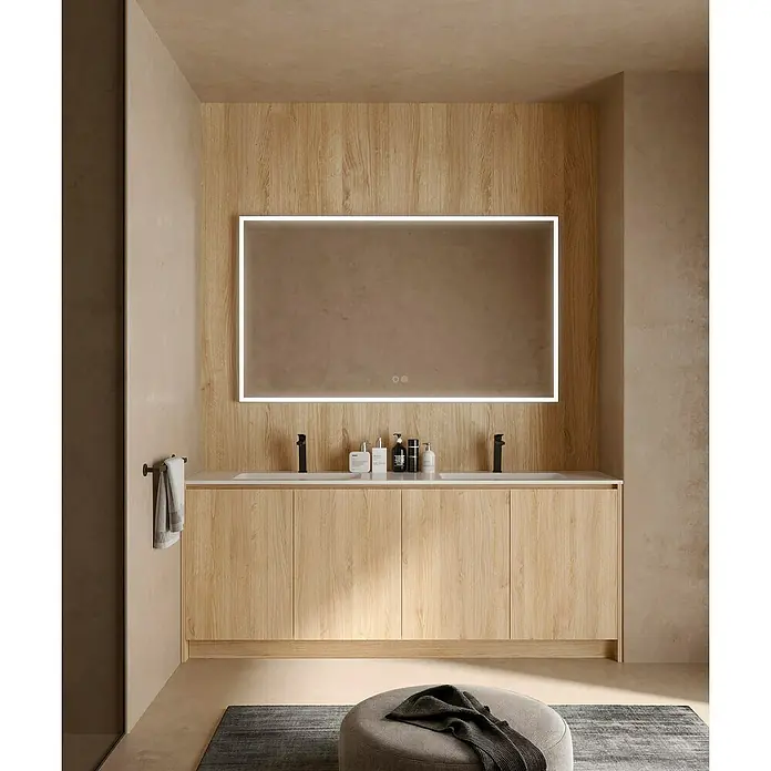 LedImex Espejo con luz Suiza - 90 x 80 cm, Sensor, Función antivaho - Elegante interior de baño con moderno mueble de lavabo de aspecto madera y espejo iluminado para un ambiente elegante.