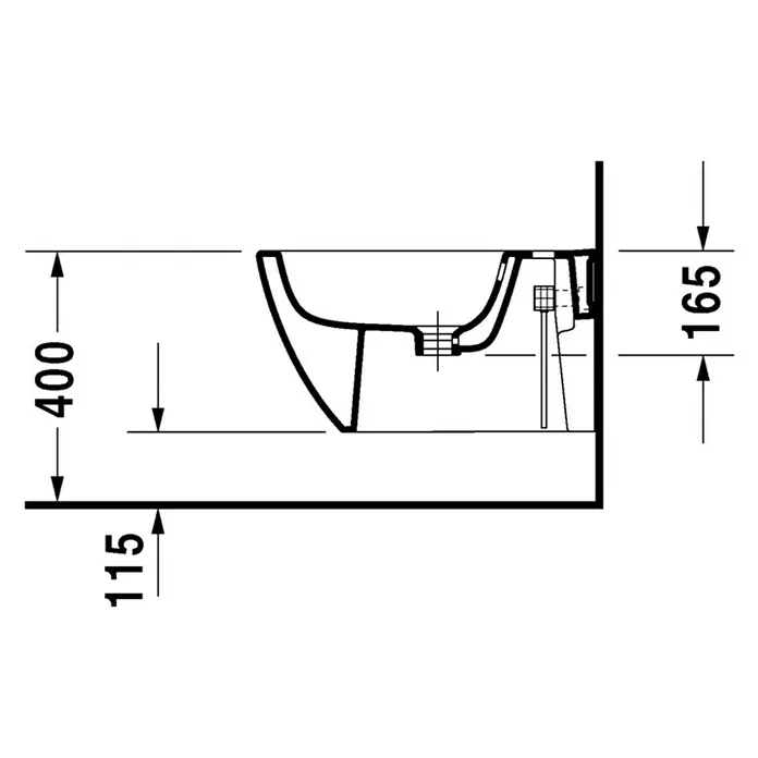 Duravit Happy D.2 Wand-Bidet - 35,5 x 54 cm, Weiß, Keramik, Ohne Spezialglasur - Technische Zeichnung eines Waschbeckens mit Maßangaben für Installation. Ideal für Badplanung und Sanitärinstallation.