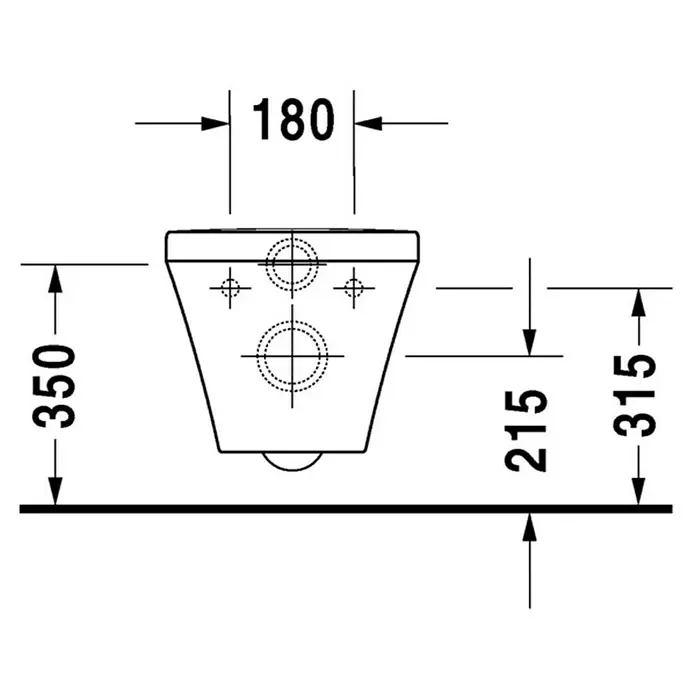 Duravit DuraStyle Wand-WC - Spülrandlos, Ohne Spezialglasur, Spülform: Tief, Sichtbarkeit Befestigung: Sichtbar, Weiß - Technische Zeichnung einer hängenden Toilette mit den Maßen 180, 350, 215 und 315 mm, die zur Veranschaulichung der Produktabmessungen dient.