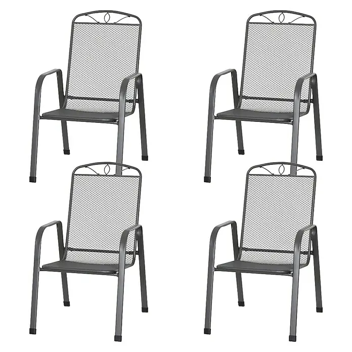 Siena Garden Gartenstuhl-Set Elda - 4 Stk., Stapelbar, Anthrazit, B x T x H: 46,5 x 75 x 94 cm - Bild von vier grauen Terrassenstühlen aus Metall mit Armlehnen und Netzgewebe auf einem schwarzen Hintergrund. Ideal für den Garten.