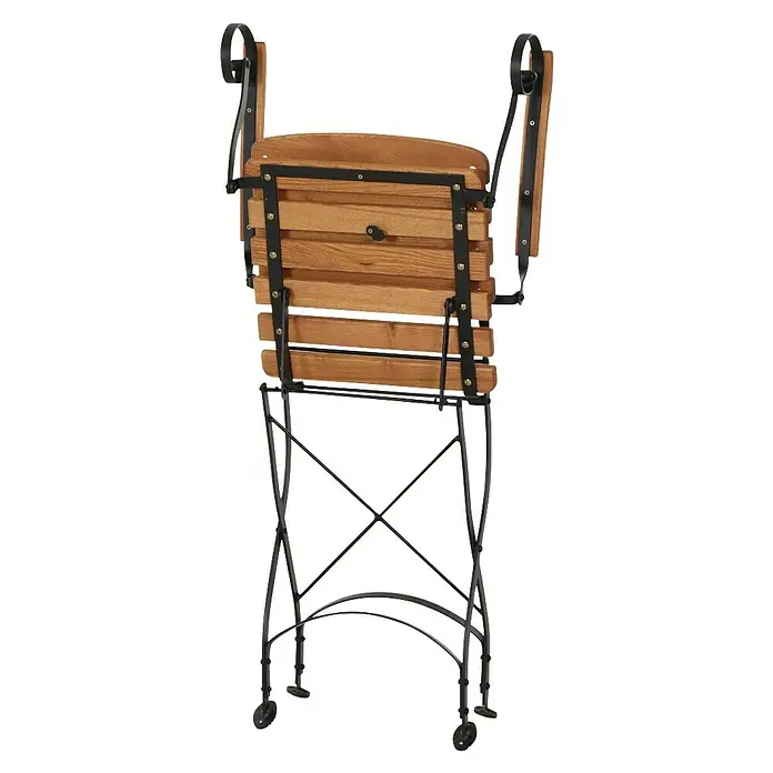 Siena Garden Klappstuhl Peru - Robinienholz, Klappbar, Natur, Anthrazit, B x T x H: 60 x 57 x 87 cm - Rückansicht eines Holzstuhls mit schwarzen Metallbeinen und Lederdetails. Das Holz hat eine warme, natürliche Farbe.