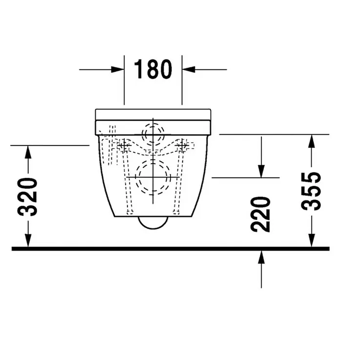 Duravit Starck 3 Wand-WC Typ 1 - Mit Spülrand, Ohne Spezialglasur, Spülform: Tief, WC Abgang: Waagerecht, Weiß - Technische Zeichnung einer hängenden Toilette mit Bemaßungen für Installation und Design.