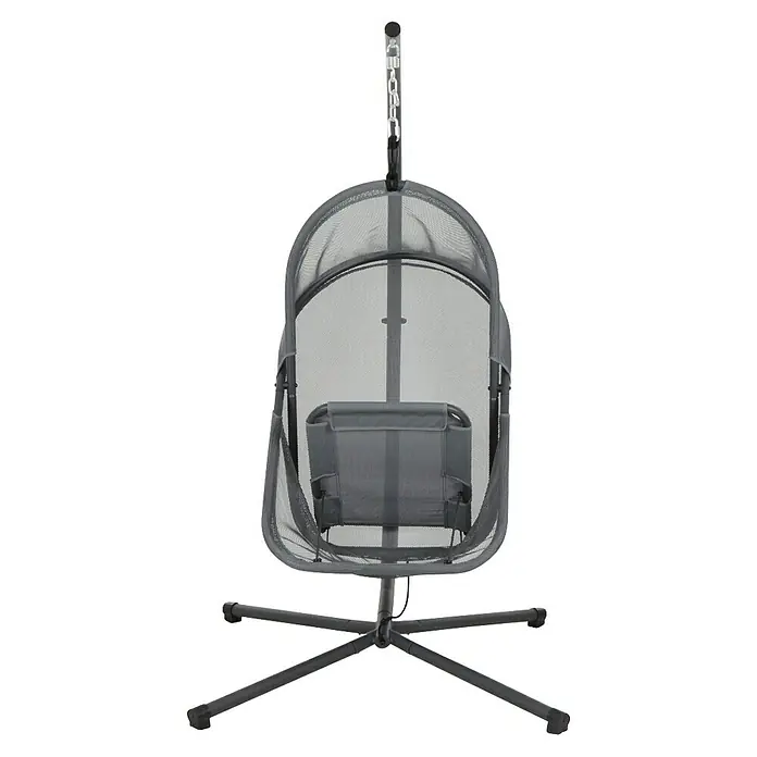 Siena Garden Hängesessel Yobaya mit Schutzhülle - L x B x H: 106 x 123 x 195 cm, Blau - Nahaufnahme eines hängenden Netzstuhls mit einem stabilen Ständer. Ideal für entspannende Momente im Innen- und Außenbereich.