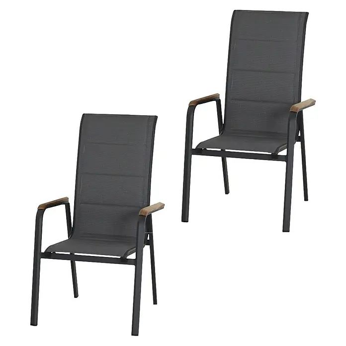 Siena Garden Stapelstuhl Tesoro High Back - 2 Stk., Ranotex®-Gewebe, Stapelbar, Anthrazit, B x T x H: 62,5 x 70,5 x 110 cm - Zwei graue Terrassenstühle mit Armlehnen aus Holz, ideal für den Außenbereich. Das perfekte Möbelstück für Garten oder Balkon.
