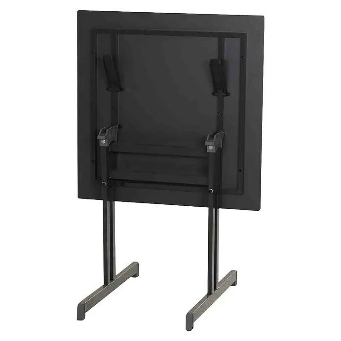Alco Gartentisch - L x B x H: 80 x 80 x 74 cm, Stahl, Anthrazit, Klappbar - Nahaufnahme der Rückseite einer tragbaren Präsentationstafel mit robustem Metallrahmen und ausklappbarem Ständer für den einfachen Transport.