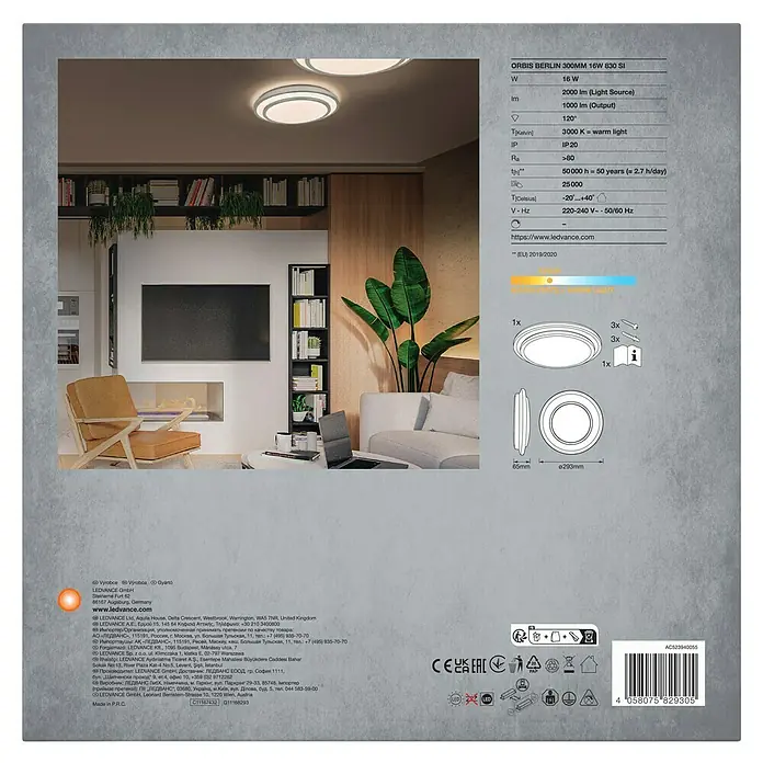 Ledvance Orbis LED-Deckenleuchte rund Berlin - 16 W, Ø x H: 29,3 x 6,5 cm, Silber, Warmweiß - Bild einer LEDVANCE ORBIS BERLIN 300MM 16W 830 SI Deckenleuchte, mit technischen Details und Abmessungen dargestellt.