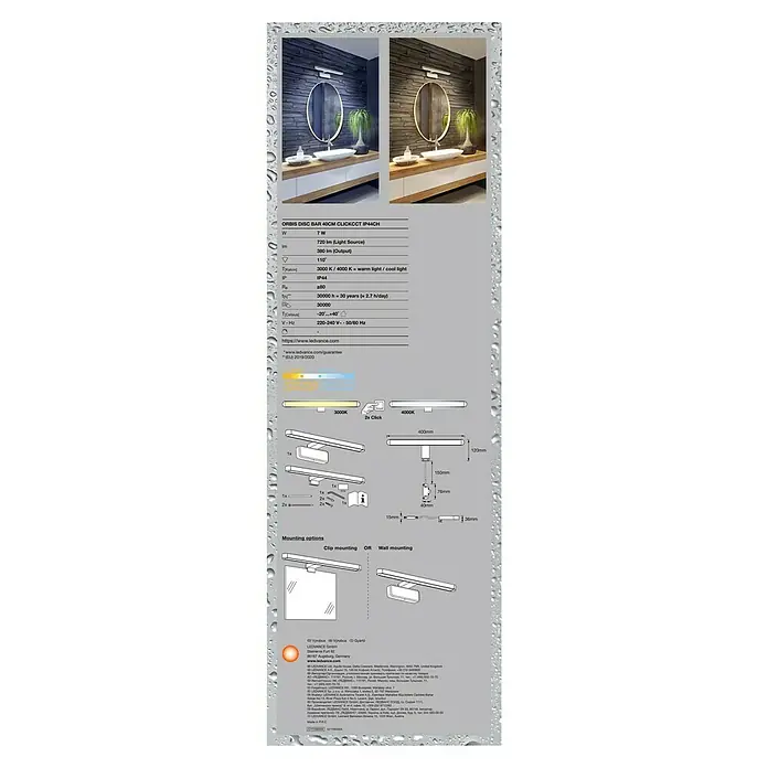 Ledvance Orbis LED-Spiegelleuchte Disc - 7 W, L x B x H: 40 x 12 x 7 cm, Chrome, Neutralweiß - Abbildung der LEDVANCE ORBIS DISC BAR 40CM CLICKCCT IP44CH, einer modernen Badleuchte mit verschiedenen Montageoptionen.
