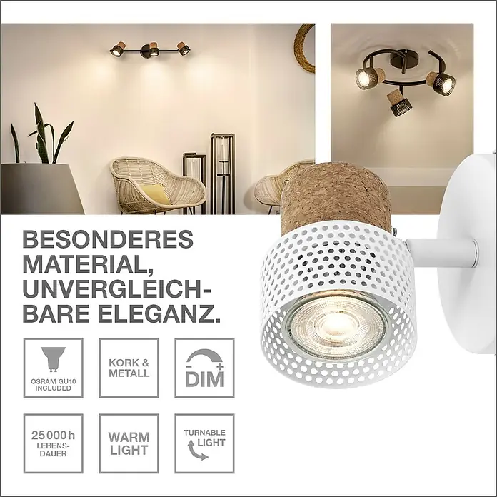 Osram Deckenstrahler Spot Cork - 10,2 W, L x B x H: 31,8 x 29,3 x 13,6 cm, Weiß, GU10 - Produktbild einer modernen Wandleuchte mit Kork- und Metallelementen in Weiß, die eine besondere und unvergleichliche Eleganz ausstrahlt.