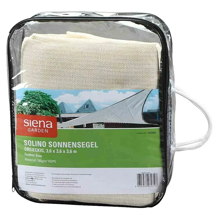 Siena Garden Sonnensegel Solino inkl. Zubehör-Set - L x B: 360 x 360 cm, Ecru, Dreieckig - Verpacktes, dreieckiges Sonnensegel "Solino" von Siena Garden, 3,6 x 3,6 x 3,6 m, in der Farbe Ecru und aus 180g/m² HDPE Material.