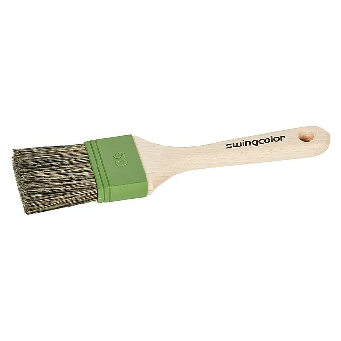swingcolor Beizpinsel - Breite Borsten: 50 mm, Mischborsten, Holz - Ein Pinsel der Marke Swingcolor, ideal für präzise Malerarbeiten. Der Pinsel verfügt über einen Holzgriff und einen grünen Borstenhalter.