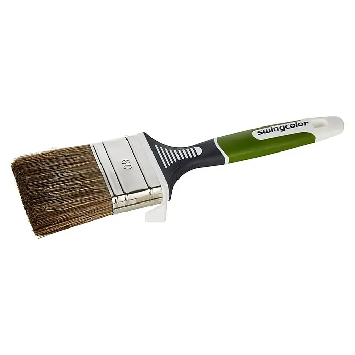 swingcolor Lasur-Flachpinsel 3K - Breite Borsten: 60 mm, Mischborsten, Kunststoff - Detailaufnahme eines Swingcolor-Flachpinsels mit ergonomischem Griff und hochwertigen Borsten für präzise Malerarbeiten.