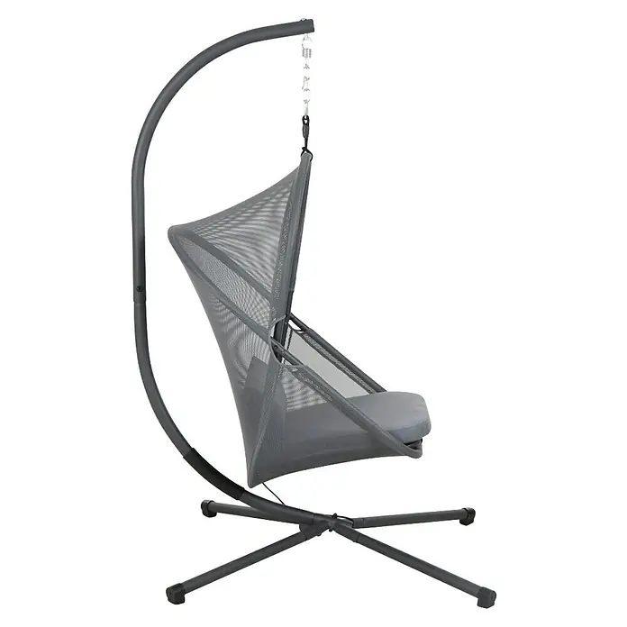 Siena Garden Hängesessel Yobaya mit Schutzhülle - L x B x H: 106 x 123 x 195 cm, Blau - Ein grauer Hängekorb-Stuhl mit einem Metallrahmen und einem runden Sitzkissen. Der Hängekorb ist aus einem luftdurchlässigen Netzgewebe.