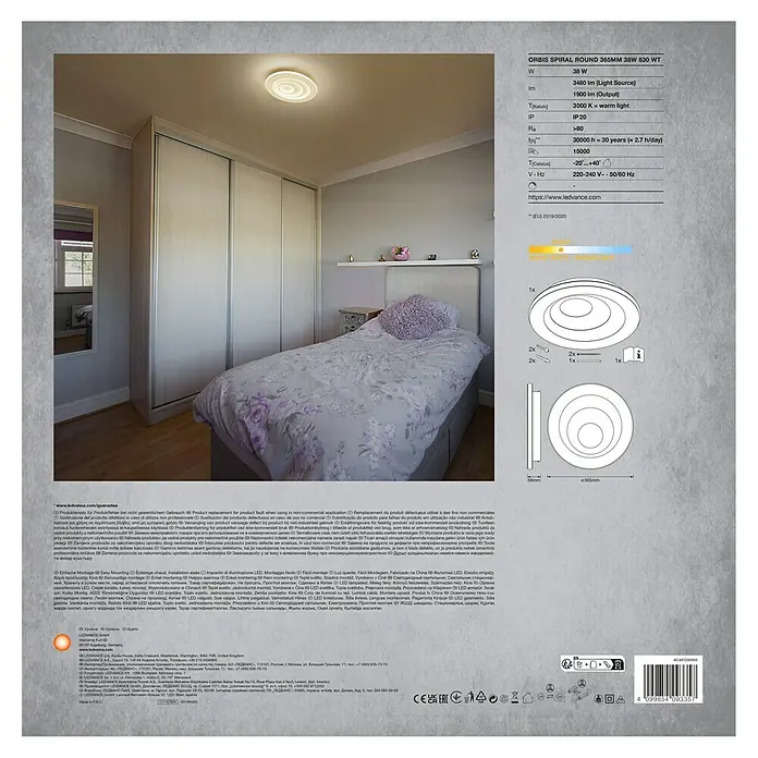Ledvance Orbis LED-Deckenleuchte rund Spiral - 38 W, Ø x H: 36,5 x 5,6 cm, Weiß, Warmweiß - Eine Nahaufnahme der Produktdetails der runden LED-Deckenleuchte ORBIS SPIRAL ROUND 365MM 38W 830 WT.