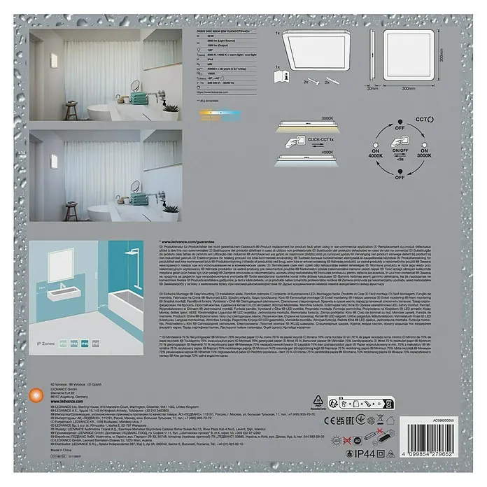 Ledvance Orbis LED-Deckenleuchte Disc - 22 W, Ø x H: 30 x 3 cm, Chrome, Warmweiß, Quadratisch - Bild einer LEDVANCE Leuchte, die Installationshinweise und technische Daten zeigt.